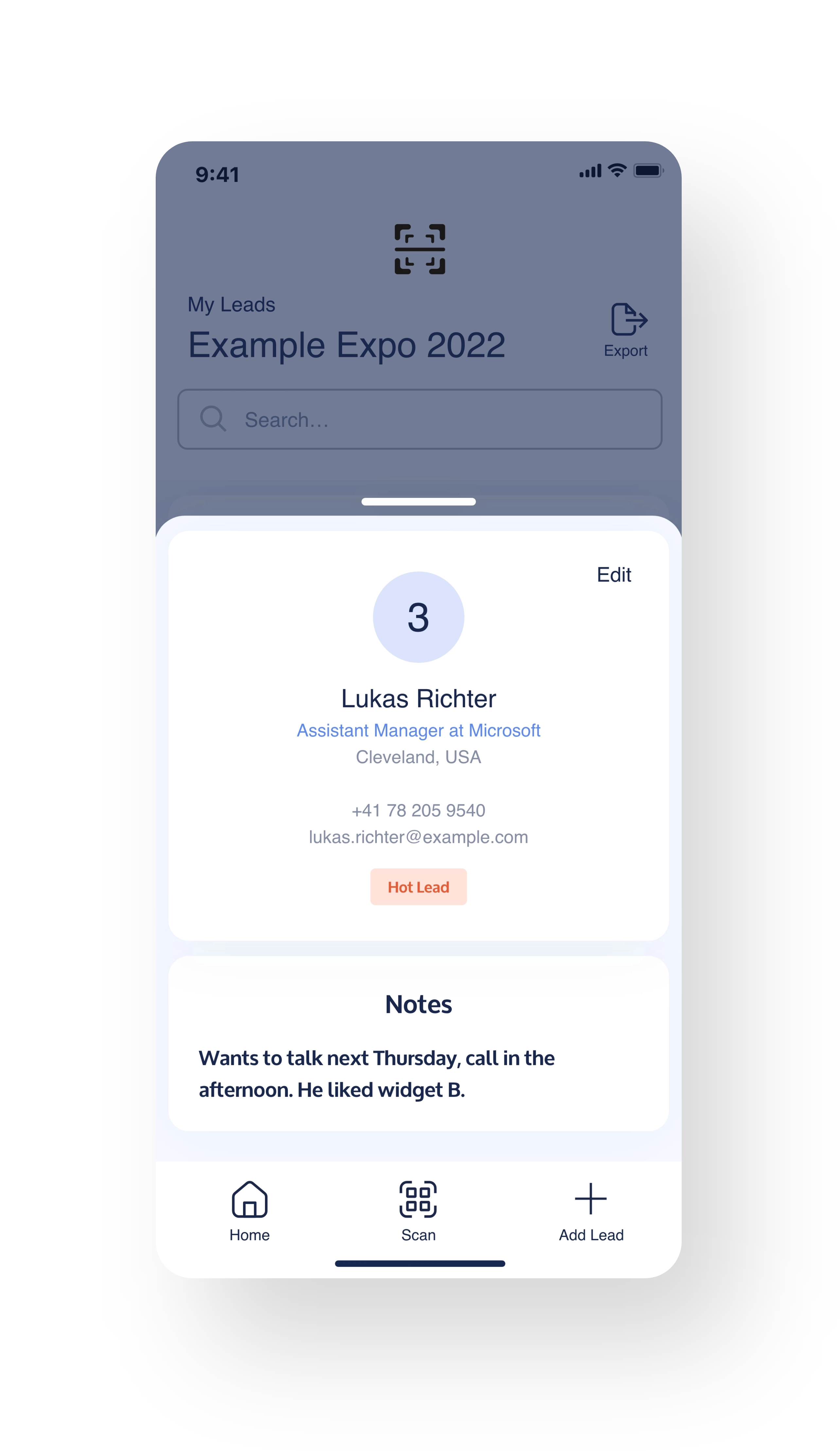 QR Lead Capture – contact detail and CRM export screen