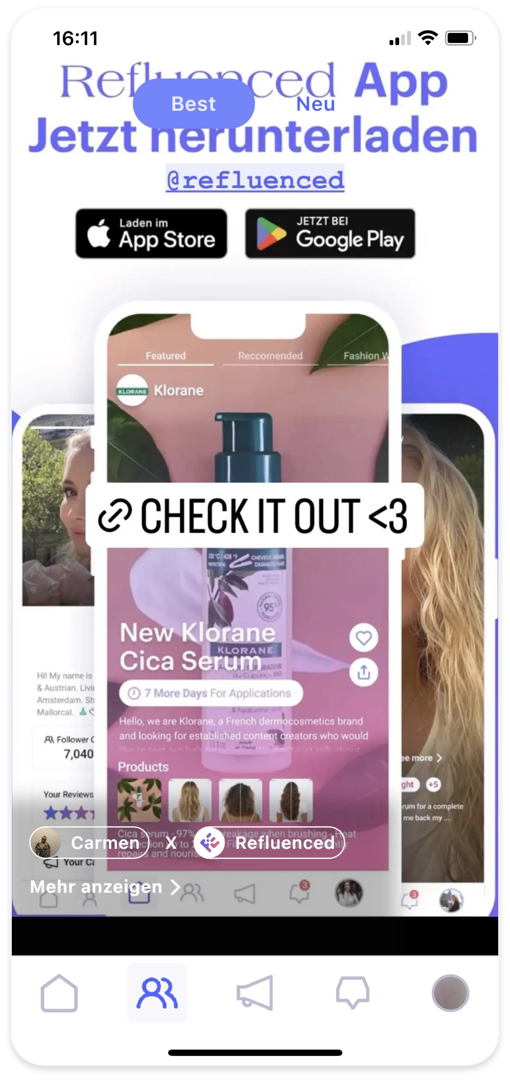Refluenced – social-first UI design with campaign card layout